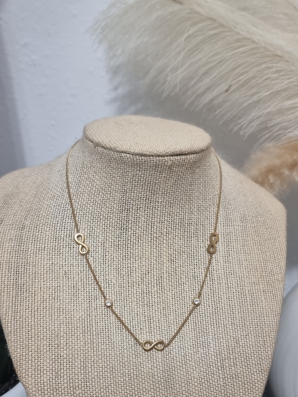 Gold Stainless Steel Infinity Station Necklace with Crystals